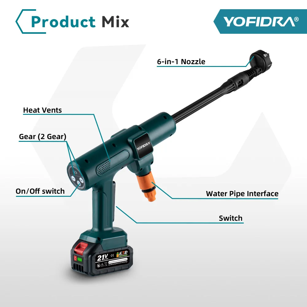YOFIDRA 200Bar Brushless Electric High Pressure Washer 6-in-1 Car Washing Garden Water Gun For Makita 21V Battery Pin Spray Gun