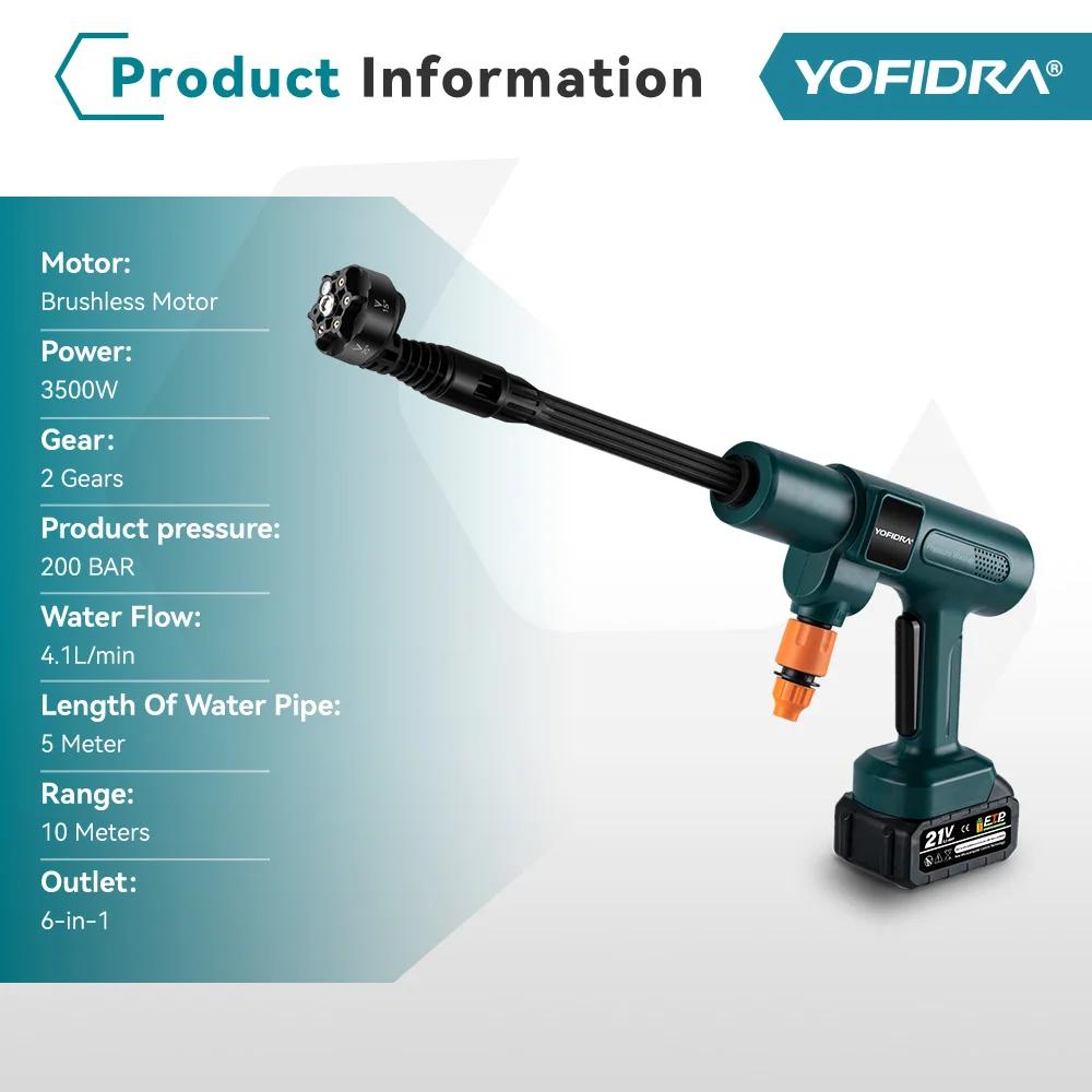 YOFIDRA 200Bar Brushless Electric High Pressure Washer 6-in-1 Car Washing Garden Water Gun For Makita 21V Battery Pin Spray Gun