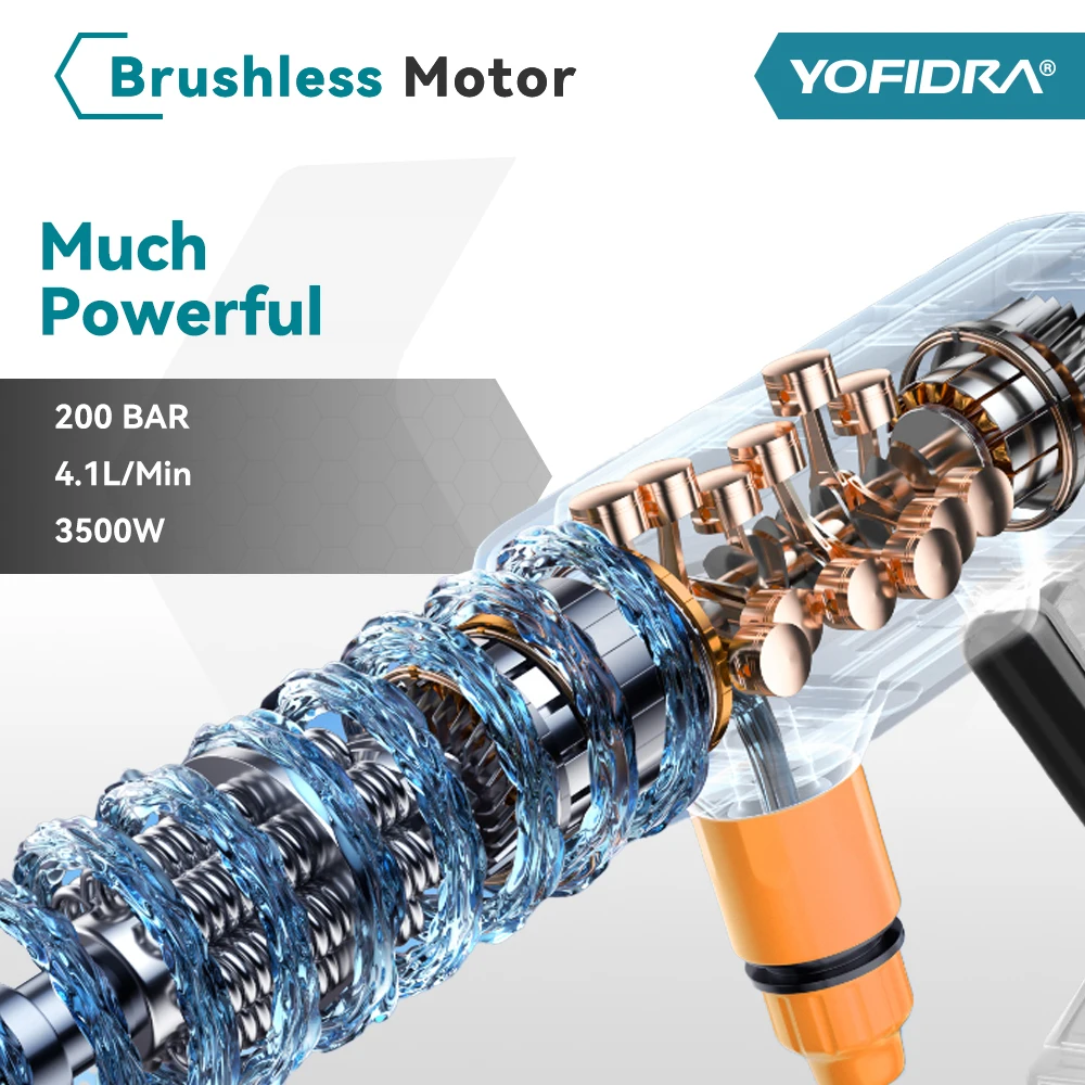 YOFIDRA 200Bar Brushless Electric High Pressure Washer 6-in-1 Car Washing Garden Water Gun For Makita 21V Battery Pin Spray Gun