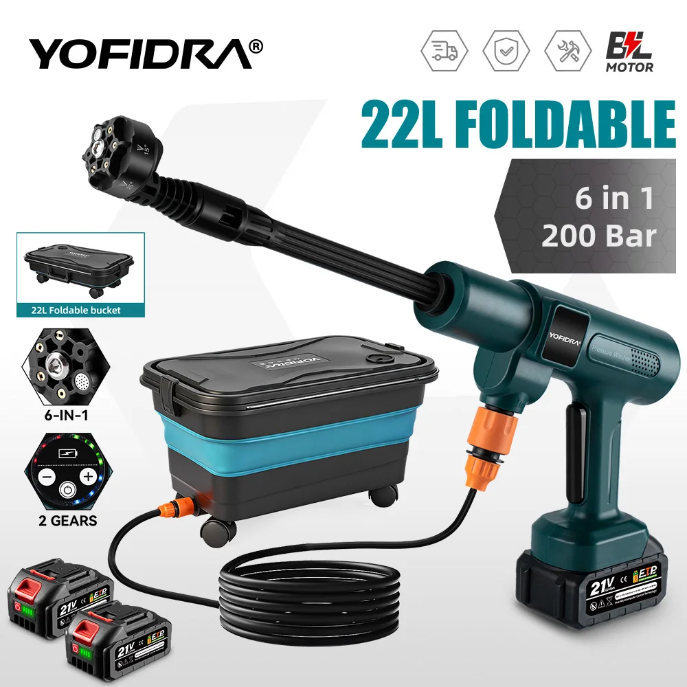 YOFIDRA 200Bar Brushless Electric High Pressure Washer 6-in-1 Car Washing Garden Water Gun For Makita 21V Battery Pin Spray Gun