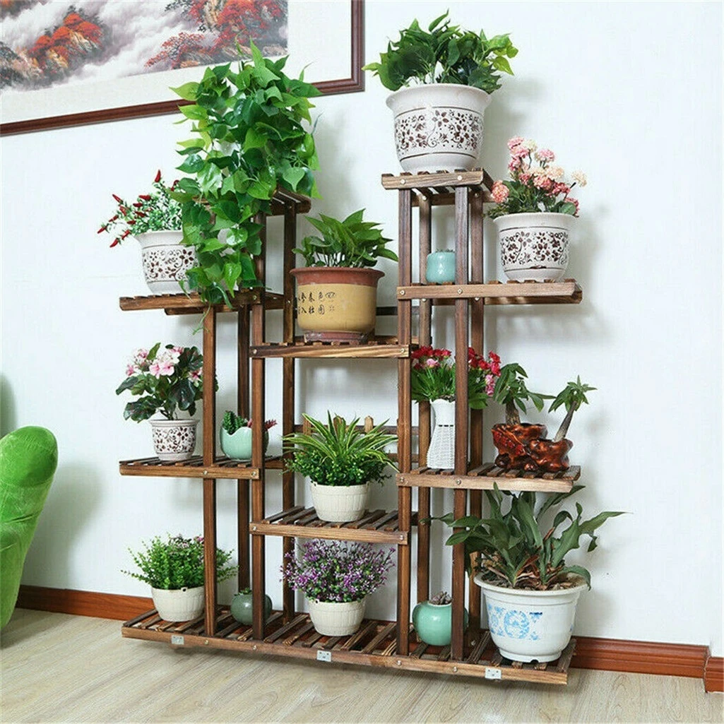UNHO Multi-Tier Plant Stand, 46in Height Wood Flower Rack Holder 16 Potted Display Storage Shelves Indoor Outdoor for Patio Gard