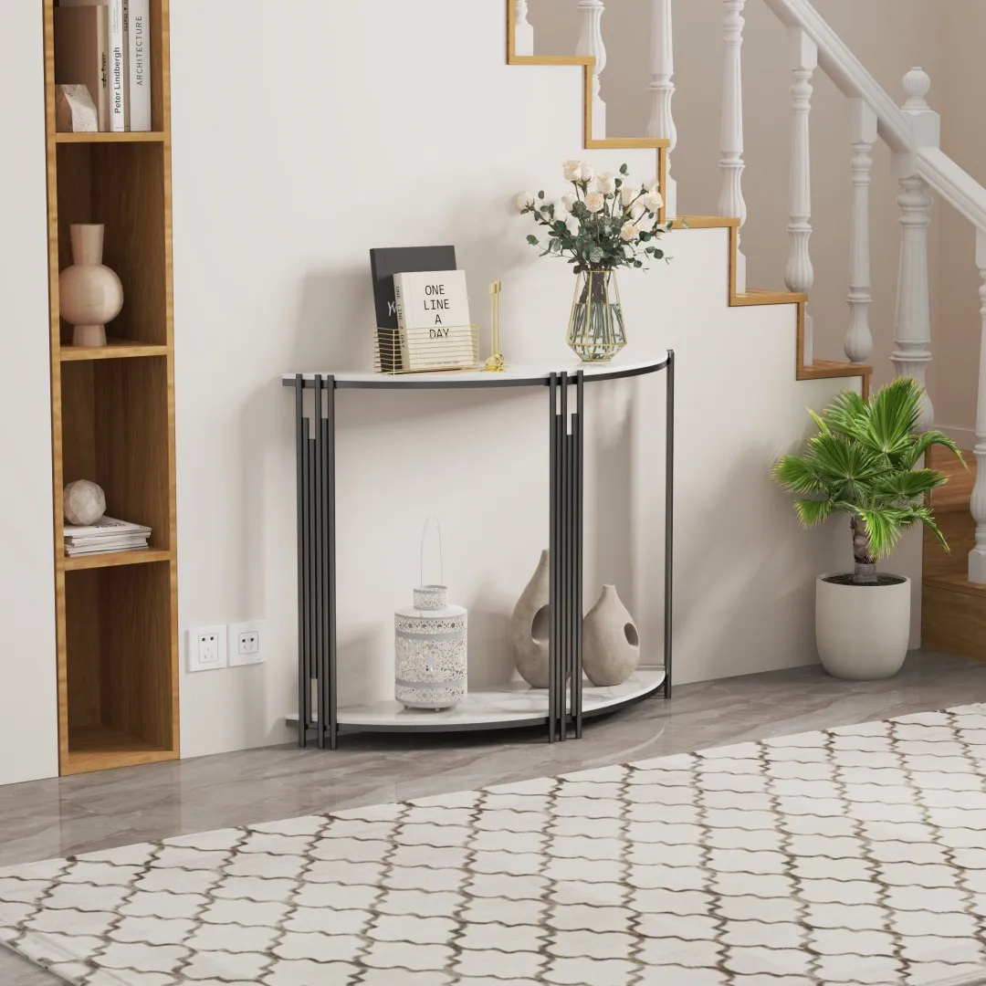 LUVODI Half Moon Console Table with Storage Sintered Stone Tabletop Semi-Circle Entrance Hall Table for Home Decor