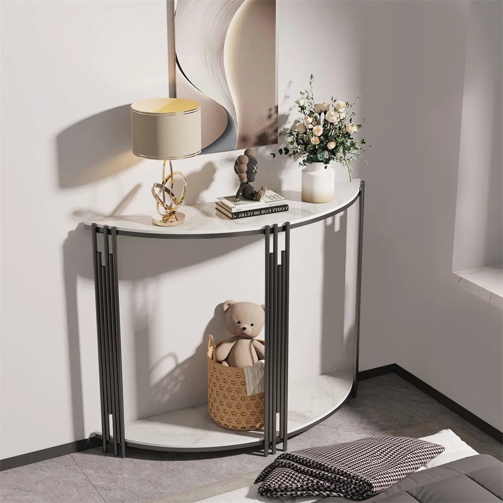 LUVODI Half Moon Console Table with Storage Sintered Stone Tabletop Semi-Circle Entrance Hall Table for Home Decor
