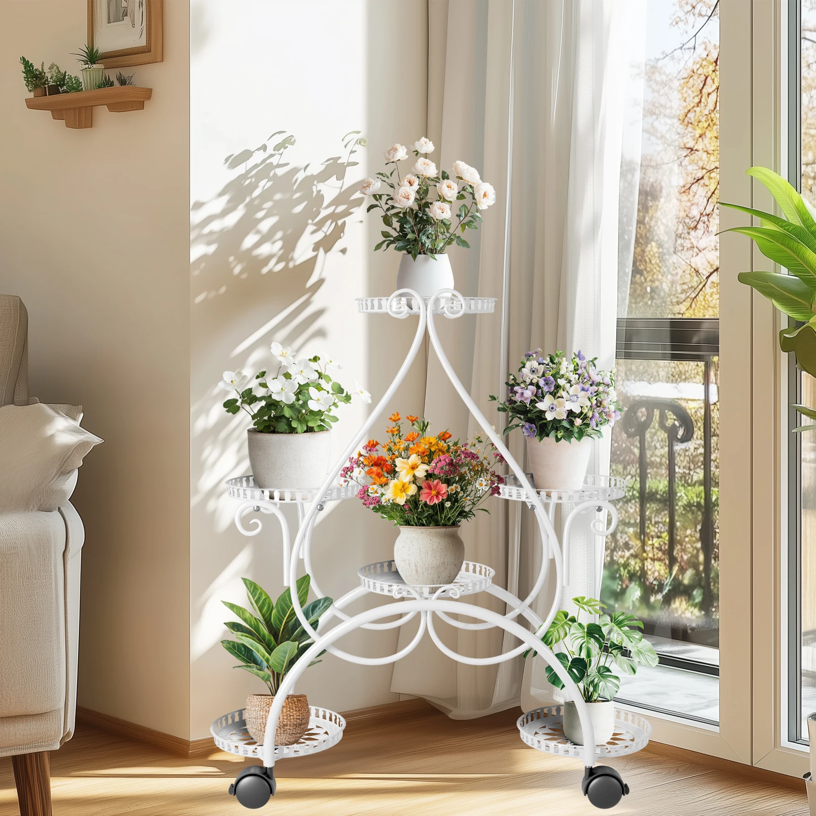 6 Tiered Metal Flower Pot Display Stand Indoor Outdoor Tall Plant Rack with Rolling Wheels