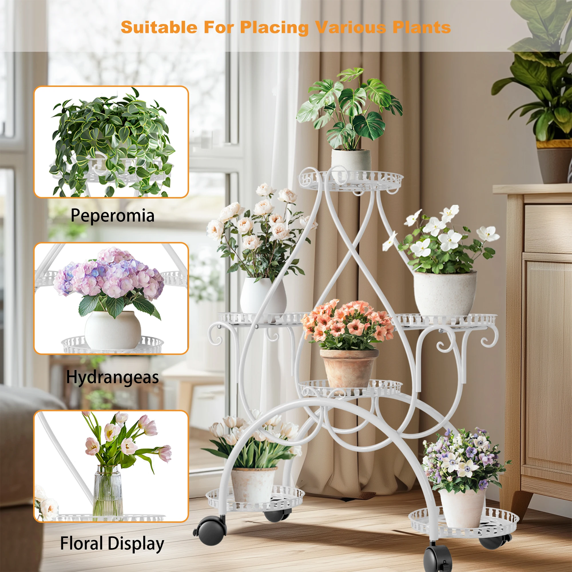 6 Tiered Metal Flower Pot Display Stand Indoor Outdoor Tall Plant Rack with Rolling Wheels