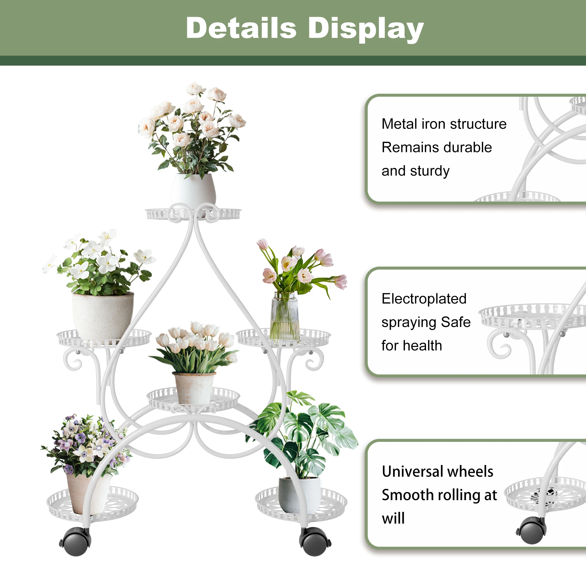 6 Tiered Metal Flower Pot Display Stand Indoor Outdoor Tall Plant Rack with Rolling Wheels