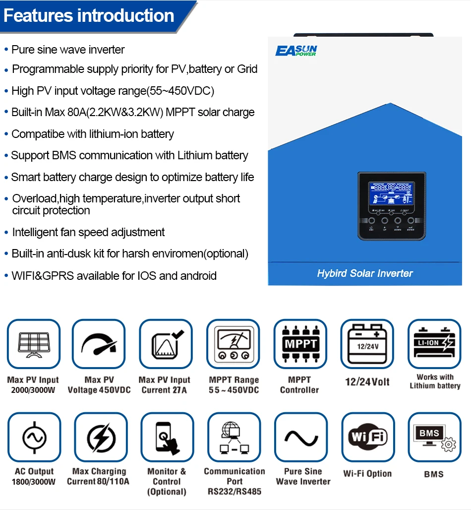 Easun Power 7000w 4200w 3200w 2200w 12v 24v 48v MPPT Hybrid Off Grid Pure Sine Wave 80a 110a 230v 50/60hz Solar Inverter Charger