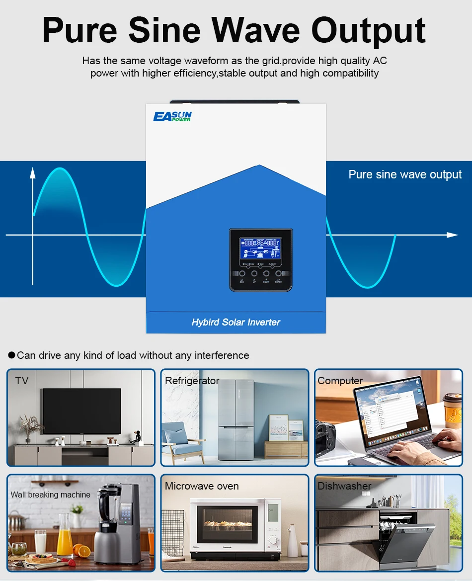 Easun Power 7000w 4200w 3200w 2200w 12v 24v 48v MPPT Hybrid Off Grid Pure Sine Wave 80a 110a 230v 50/60hz Solar Inverter Charger