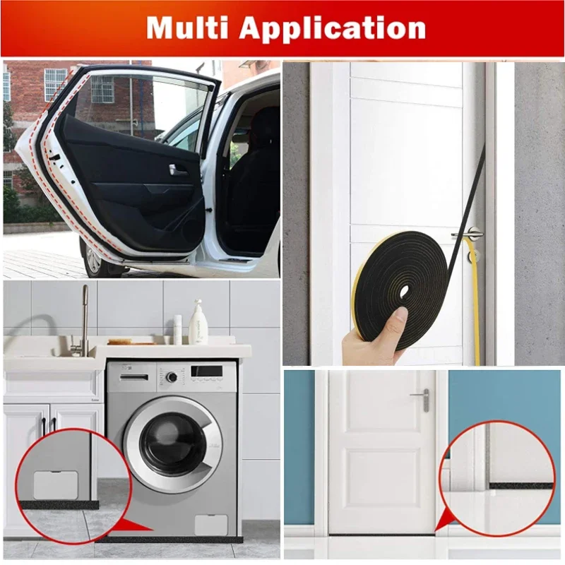 1m-10m Rubber Self Adhesive Sponge Seal Strip EVA Black Foam Strong Single-sided Adhesive Soundproof Anti-collision Seal Gasket