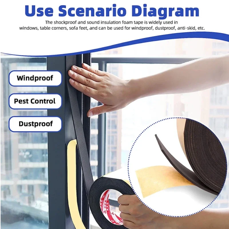 1m-10m Rubber Self Adhesive Sponge Seal Strip EVA Black Foam Strong Single-sided Adhesive Soundproof Anti-collision Seal Gasket