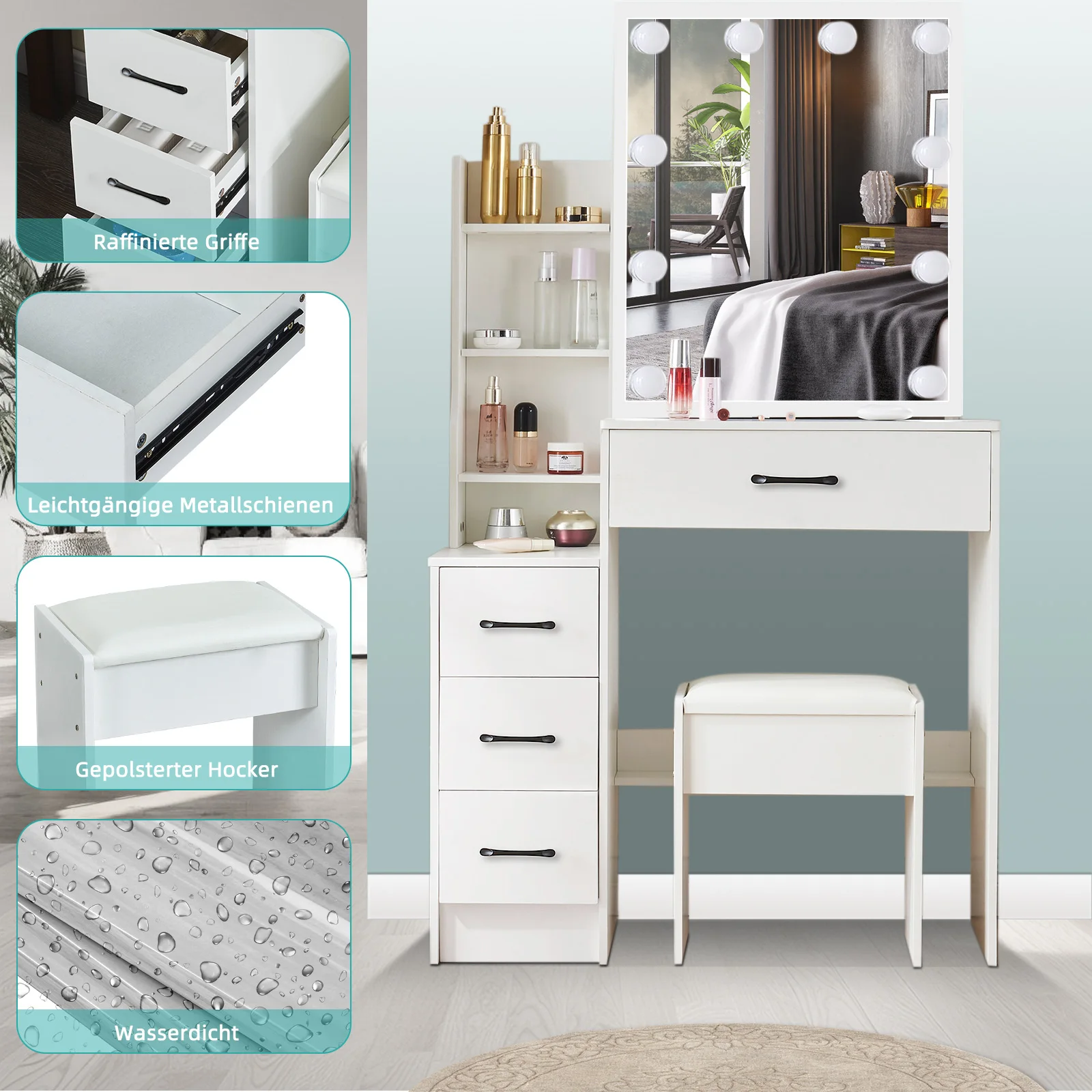 Makeup Vanity Dressing Table with Sliding Mirror 10 LED Lights Desk & Stool Set