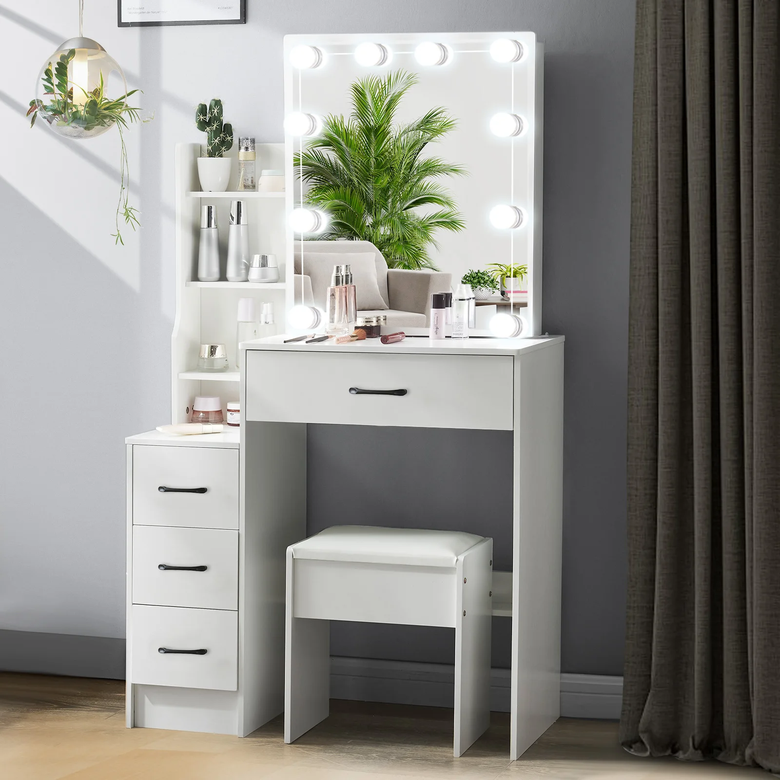 Makeup Vanity Dressing Table with Sliding Mirror 10 LED Lights Desk & Stool Set