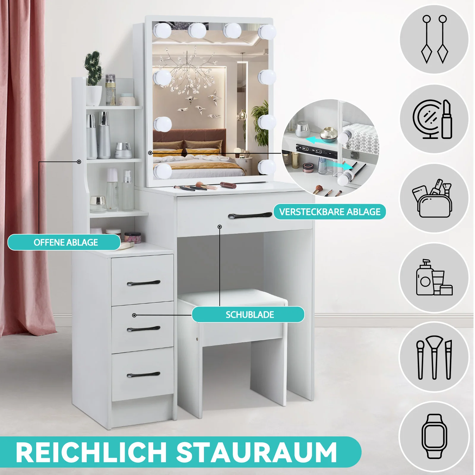 Makeup Vanity Dressing Table with Sliding Mirror 10 LED Lights Desk & Stool Set