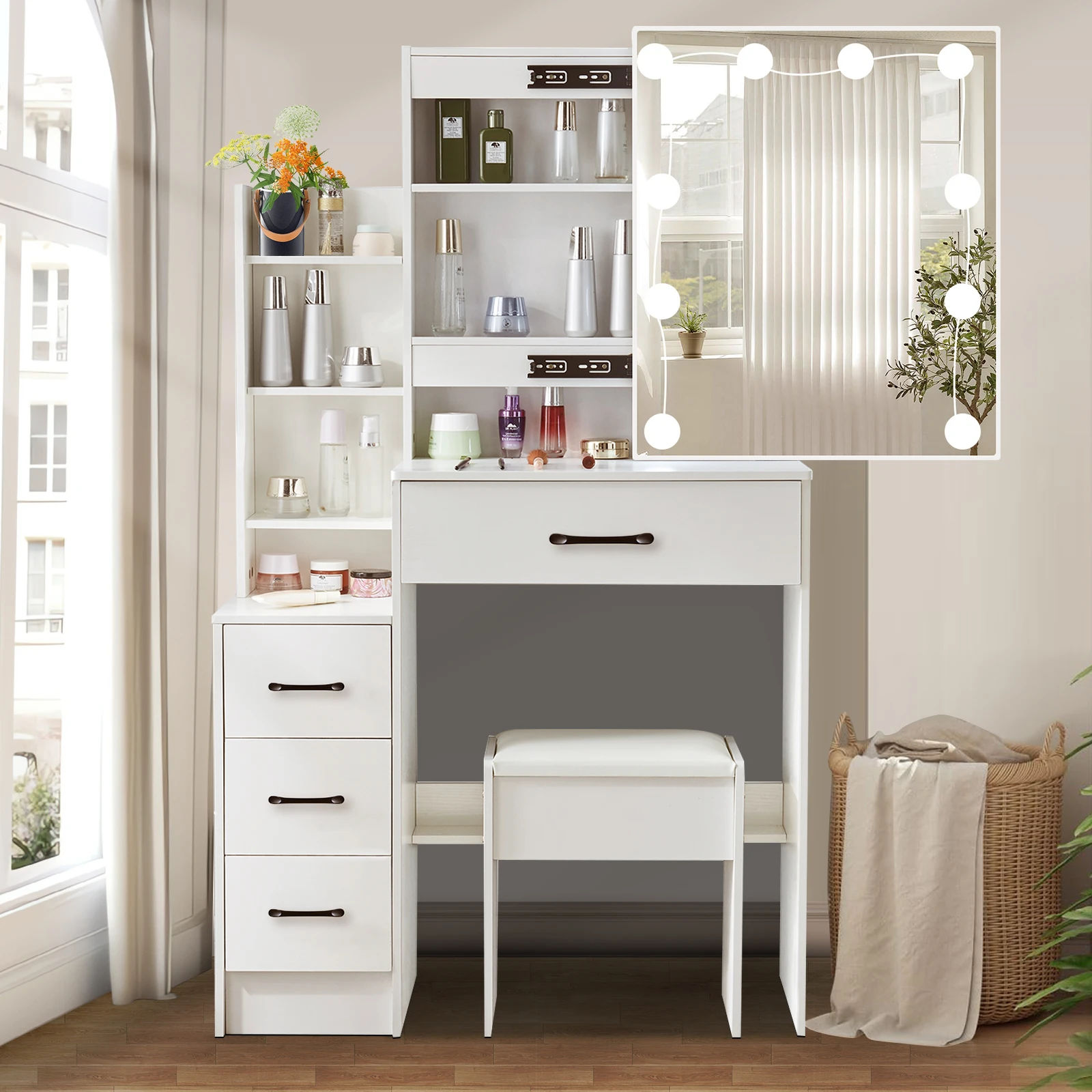 Makeup Vanity Dressing Table with Sliding Mirror 10 LED Lights Desk & Stool Set