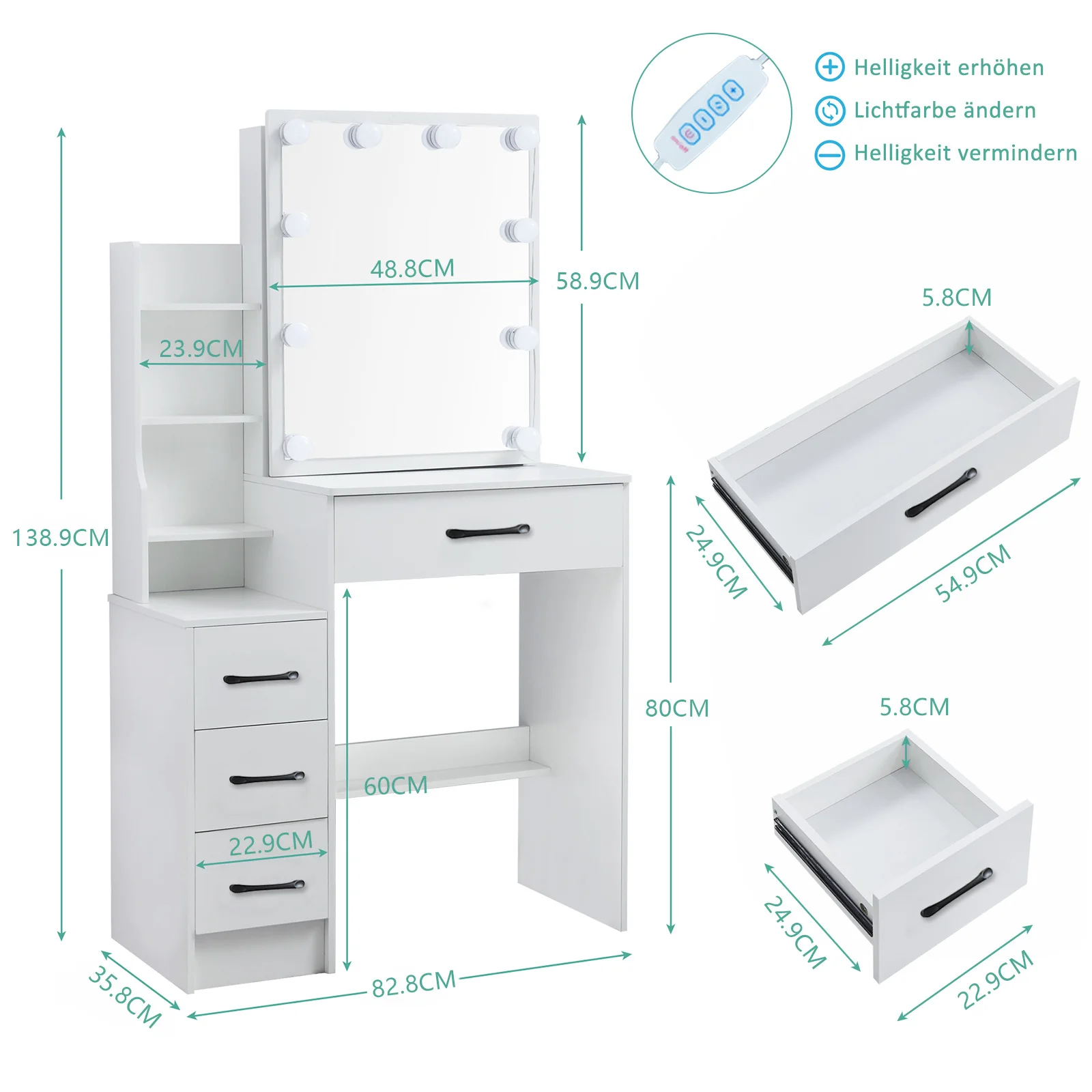 Makeup Vanity Dressing Table with Sliding Mirror 10 LED Lights Desk & Stool Set