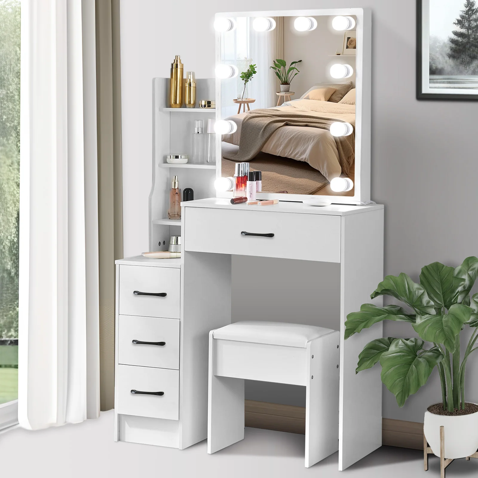Makeup Vanity Dressing Table with Sliding Mirror 10 LED Lights Desk & Stool Set