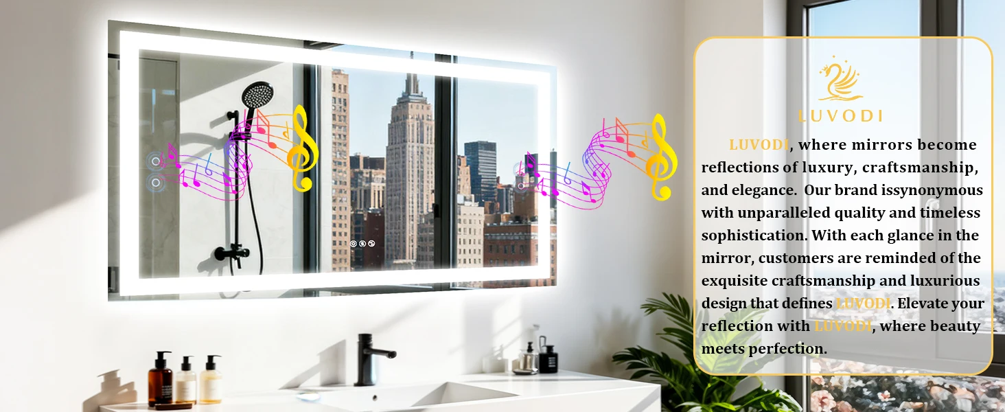 LUVODI Bluetooth Mirror Full Length with LED Rectangle Tempered Glass Wall Lighted Bathroom Mirror with Double Speakers