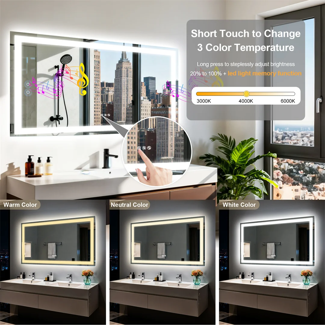 LUVODI Bluetooth Mirror Full Length with LED Rectangle Tempered Glass Wall Lighted Bathroom Mirror with Double Speakers