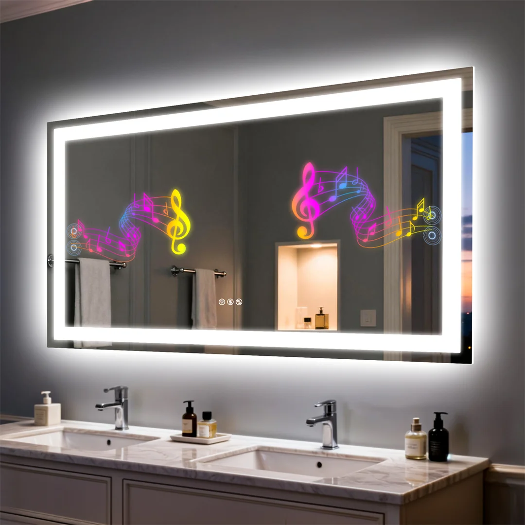 LUVODI Bluetooth Mirror Full Length with LED Rectangle Tempered Glass Wall Lighted Bathroom Mirror with Double Speakers