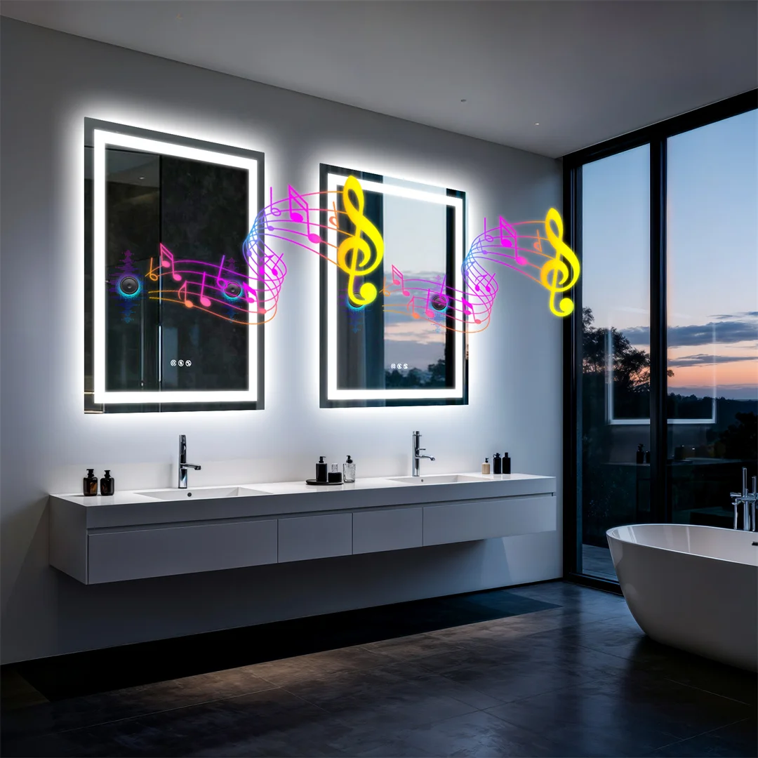 LUVODI Bluetooth Mirror Full Length with LED Rectangle Tempered Glass Wall Lighted Bathroom Mirror with Double Speakers