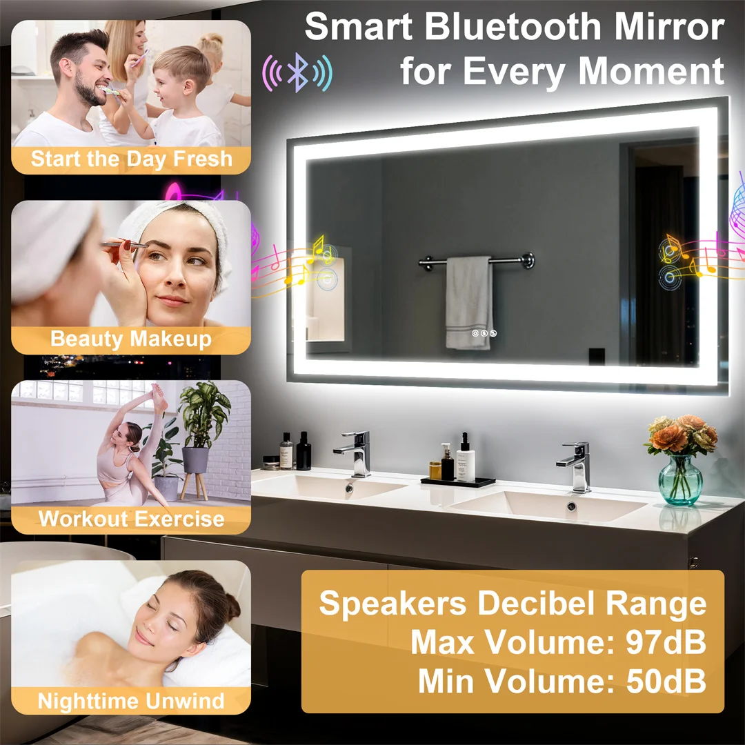 LUVODI Bluetooth Mirror Full Length with LED Rectangle Tempered Glass Wall Lighted Bathroom Mirror with Double Speakers
