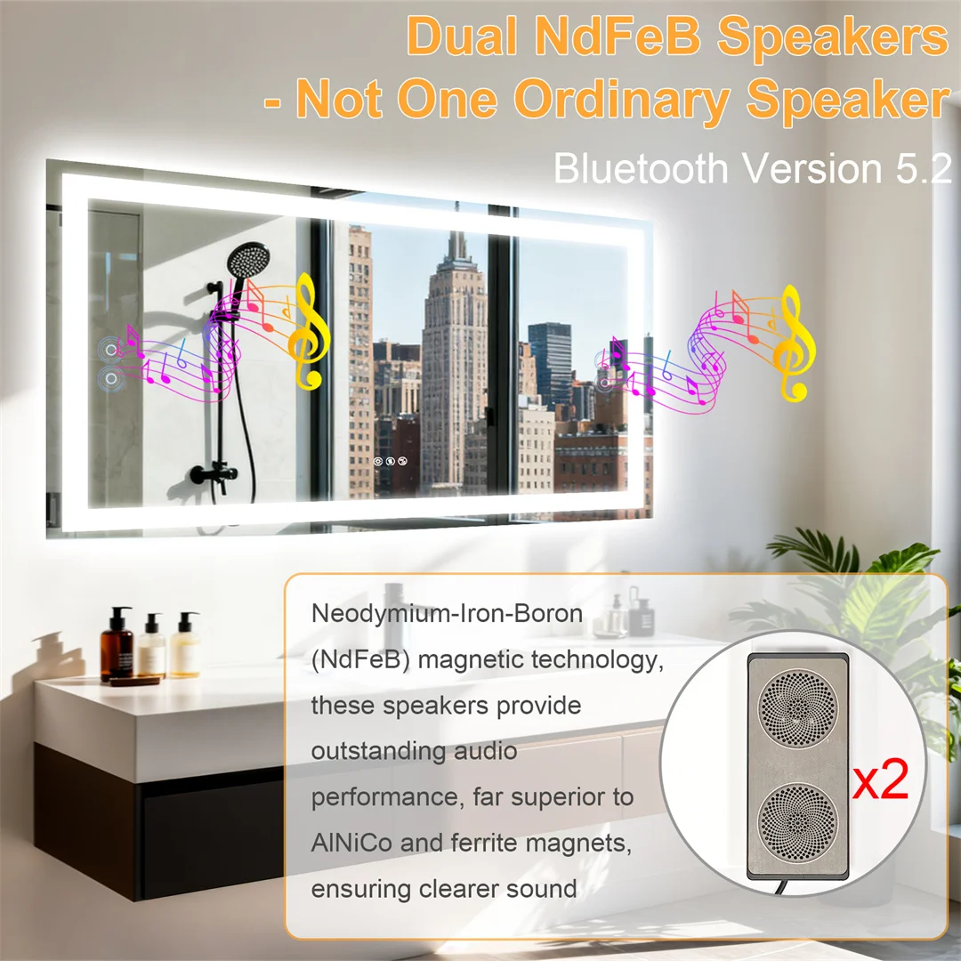 LUVODI Bluetooth Mirror Full Length with LED Rectangle Tempered Glass Wall Lighted Bathroom Mirror with Double Speakers