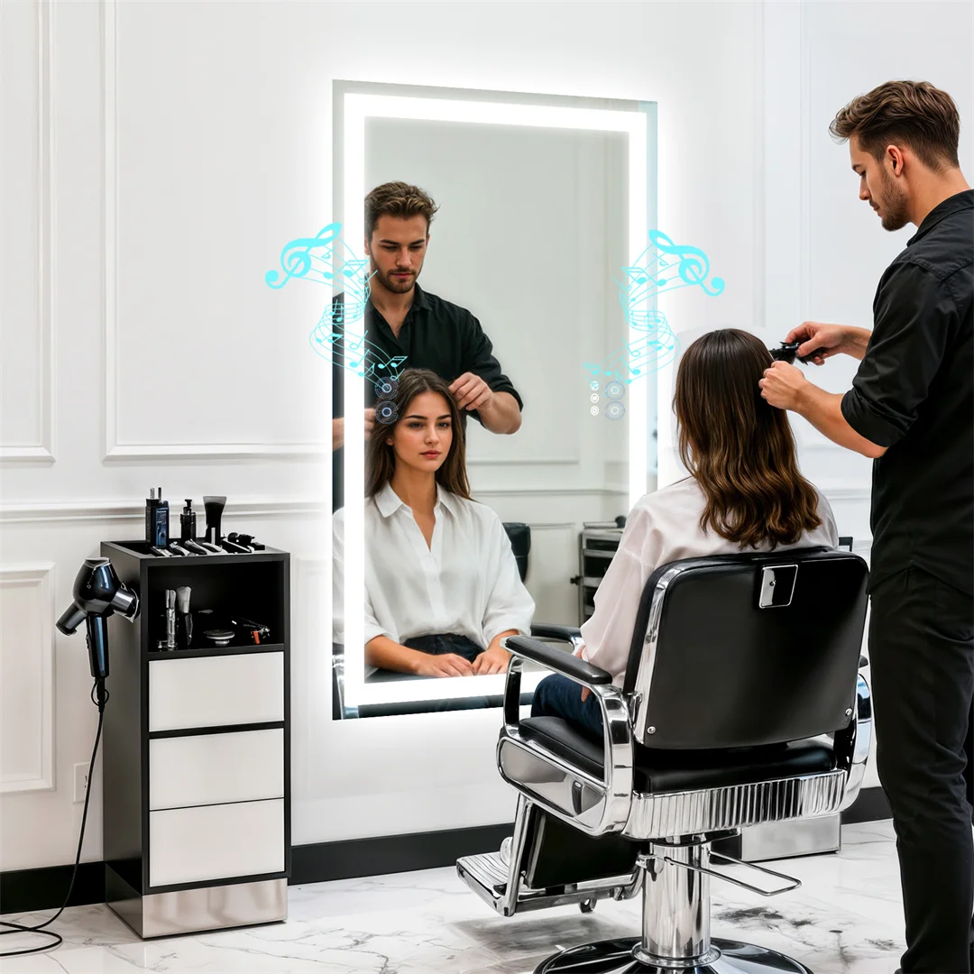LUVODI Bluetooth Mirror Full Length with LED Rectangle Tempered Glass Wall Lighted Bathroom Mirror with Double Speakers