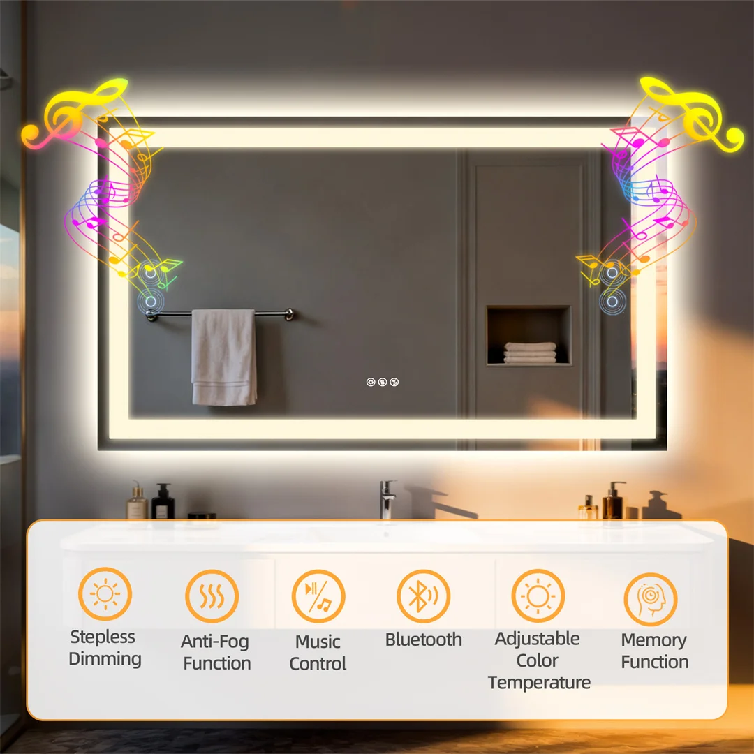 LUVODI Bluetooth Mirror Full Length with LED Rectangle Tempered Glass Wall Lighted Bathroom Mirror with Double Speakers