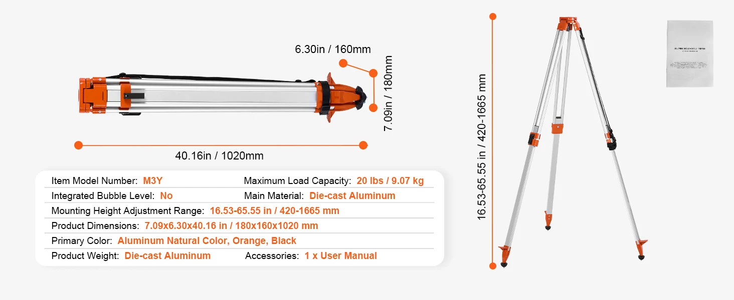 SucceBuy Laser Level Tripod Stand 5/8" Thread Mount 16.53-65.55 inch Height Adjustment Heavy Duty Survey Tripod for Construction