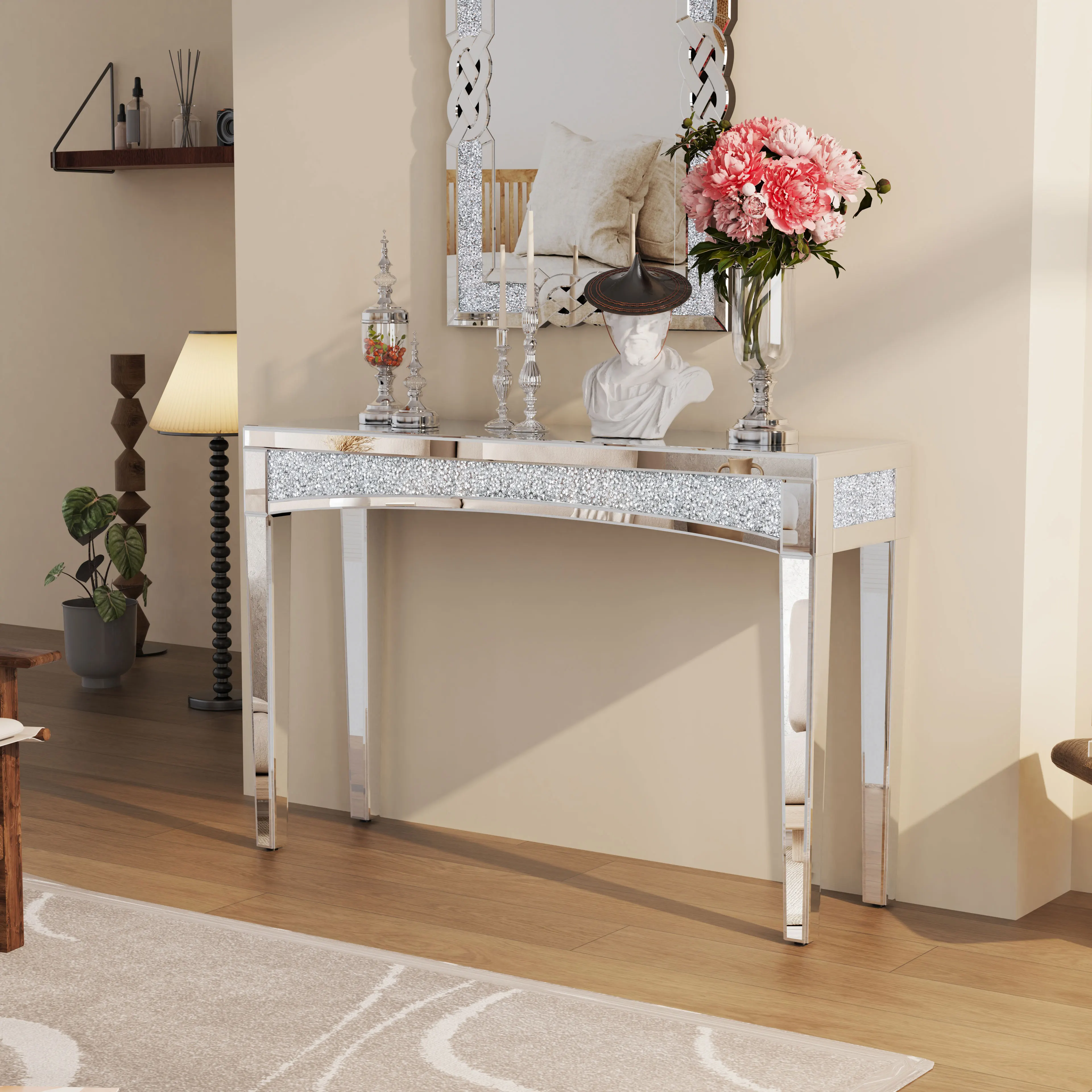 47.2" Mirrored Desk Silver Console Table Mirror Sofa Table with Crystal Inlay Front for Living Room, Entryway, Foyer