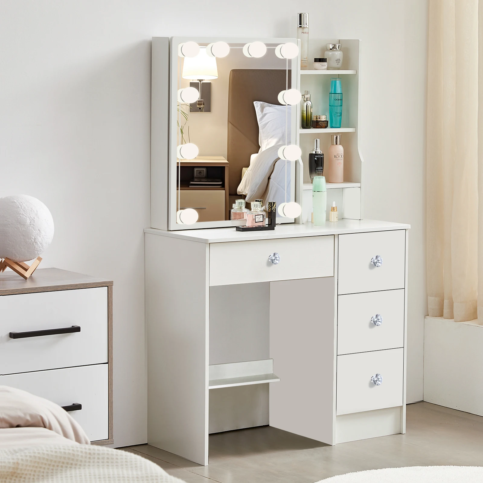 With Smart LED Sliding Mirror 4 Drawers Vanity Table Makeup Dressing Table Set
