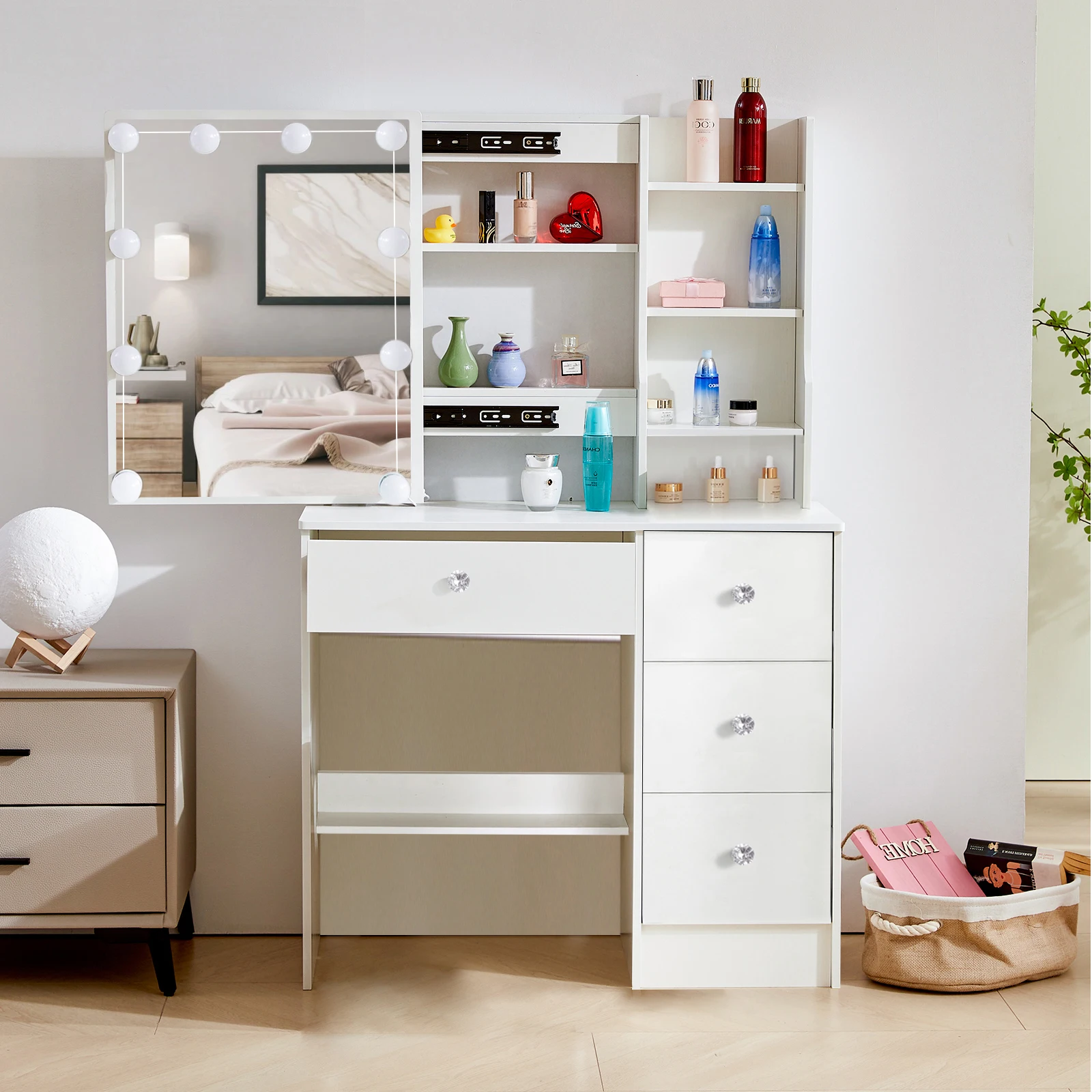 With Smart LED Sliding Mirror 4 Drawers Vanity Table Makeup Dressing Table Set