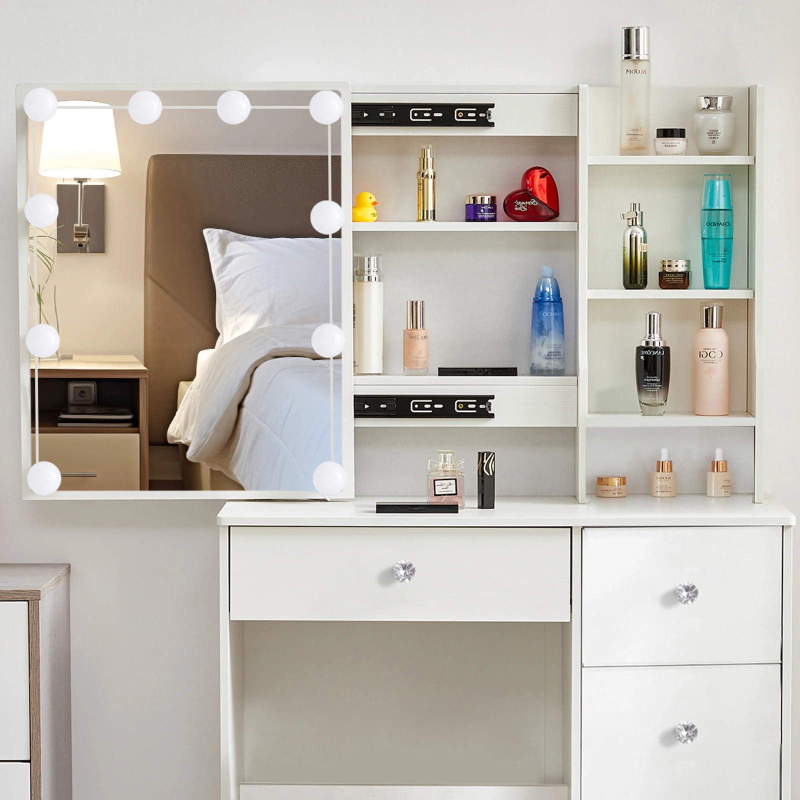 With Smart LED Sliding Mirror 4 Drawers Vanity Table Makeup Dressing Table Set