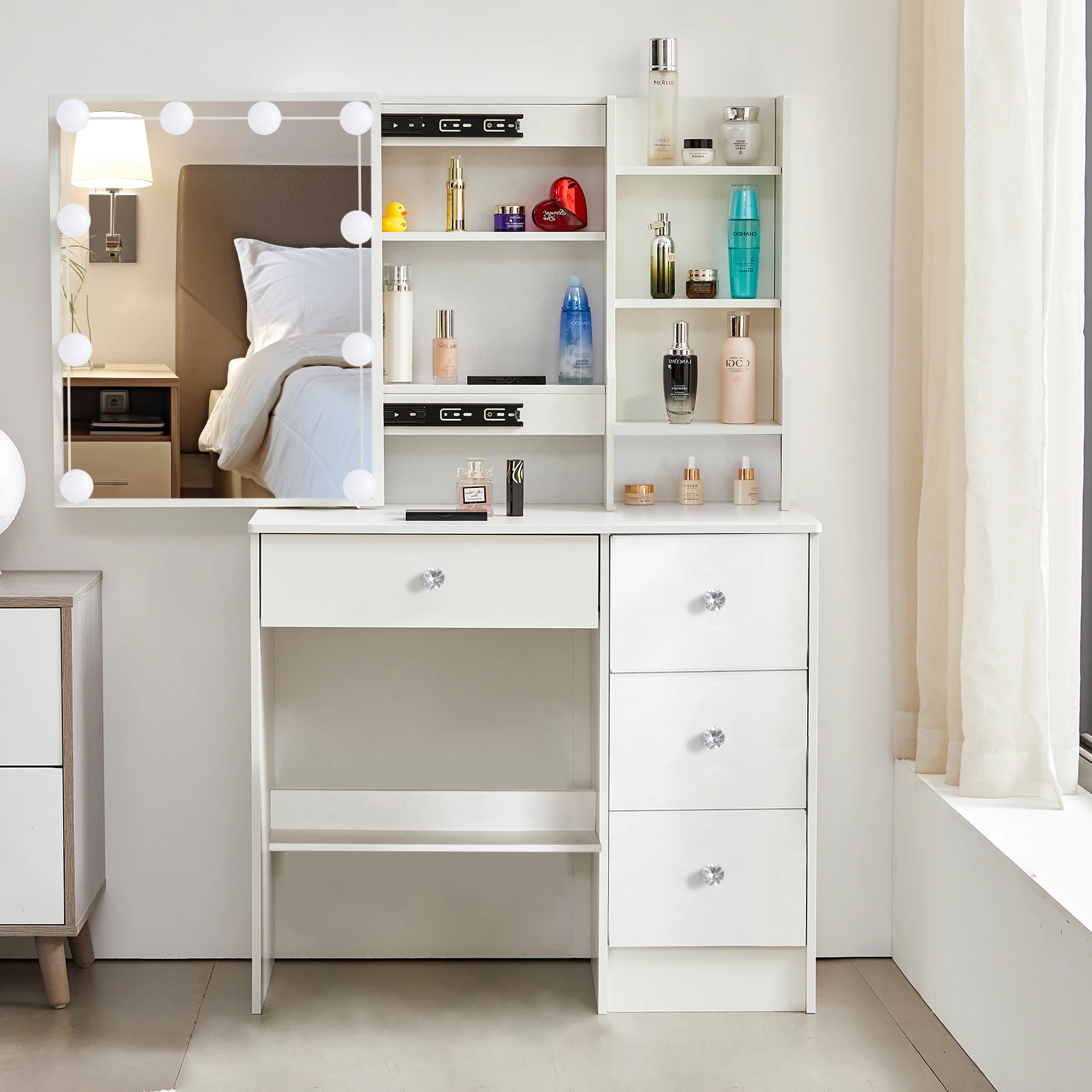 With Smart LED Sliding Mirror 4 Drawers Vanity Table Makeup Dressing Table Set