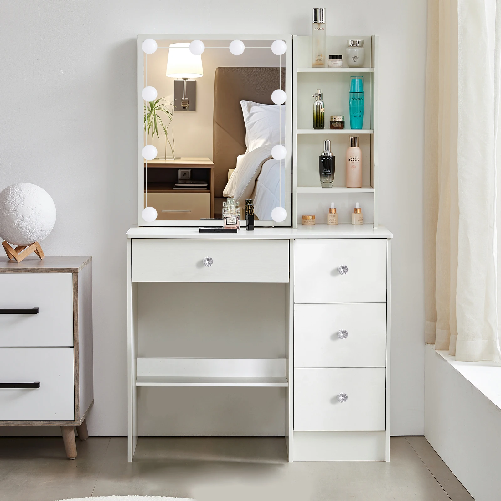 With Smart LED Sliding Mirror 4 Drawers Vanity Table Makeup Dressing Table Set