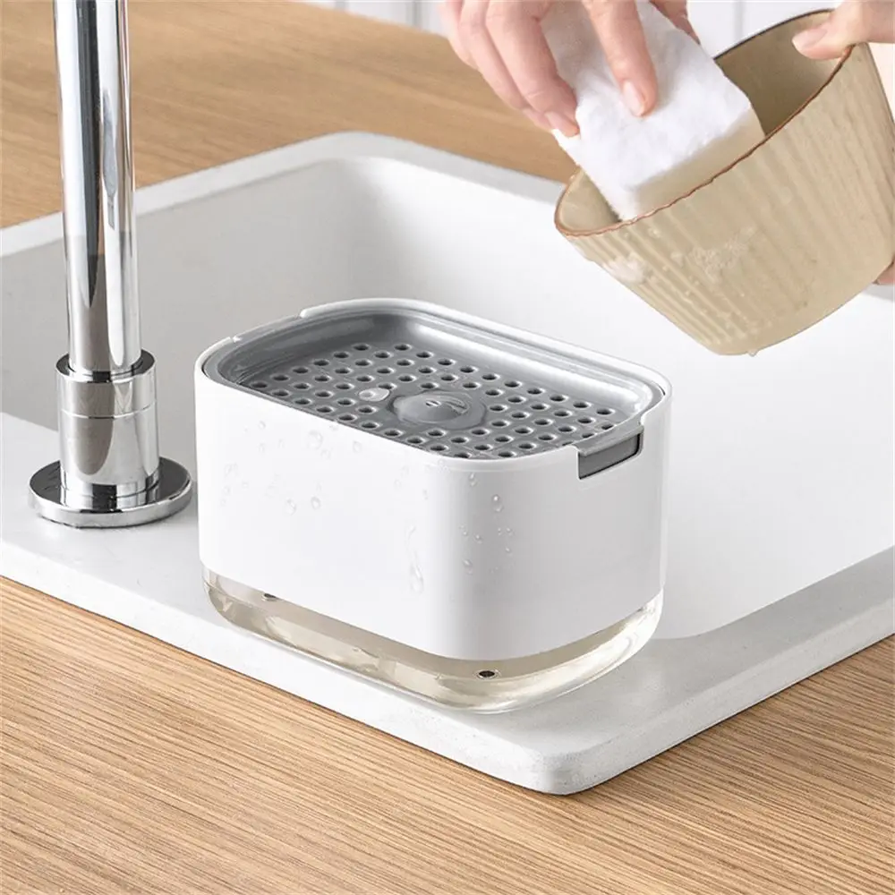 Soap Dispenser Box Press Dispenser Scrubbing Liquid Container Kitchen Bathroom Automatic Detergent Foam Box with Sponge Holder