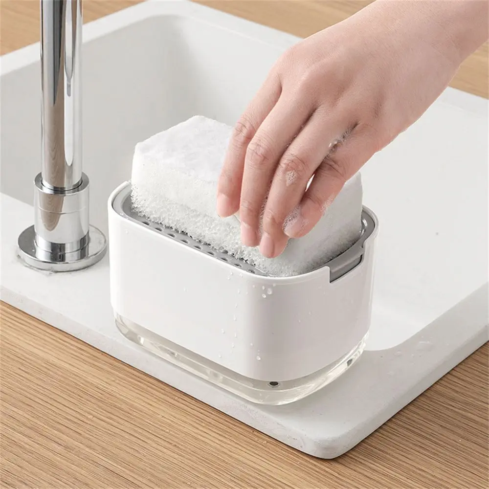 Soap Dispenser Box Press Dispenser Scrubbing Liquid Container Kitchen Bathroom Automatic Detergent Foam Box with Sponge Holder