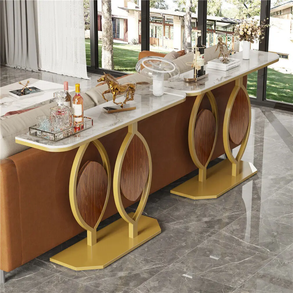 Marble Console Table for Entrance Hallway Wood Leaf Shape with Stable Gold Legs