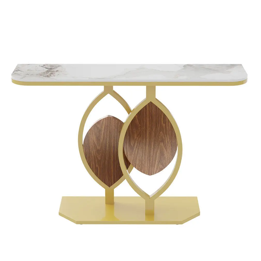 Marble Console Table for Entrance Hallway Wood Leaf Shape with Stable Gold Legs
