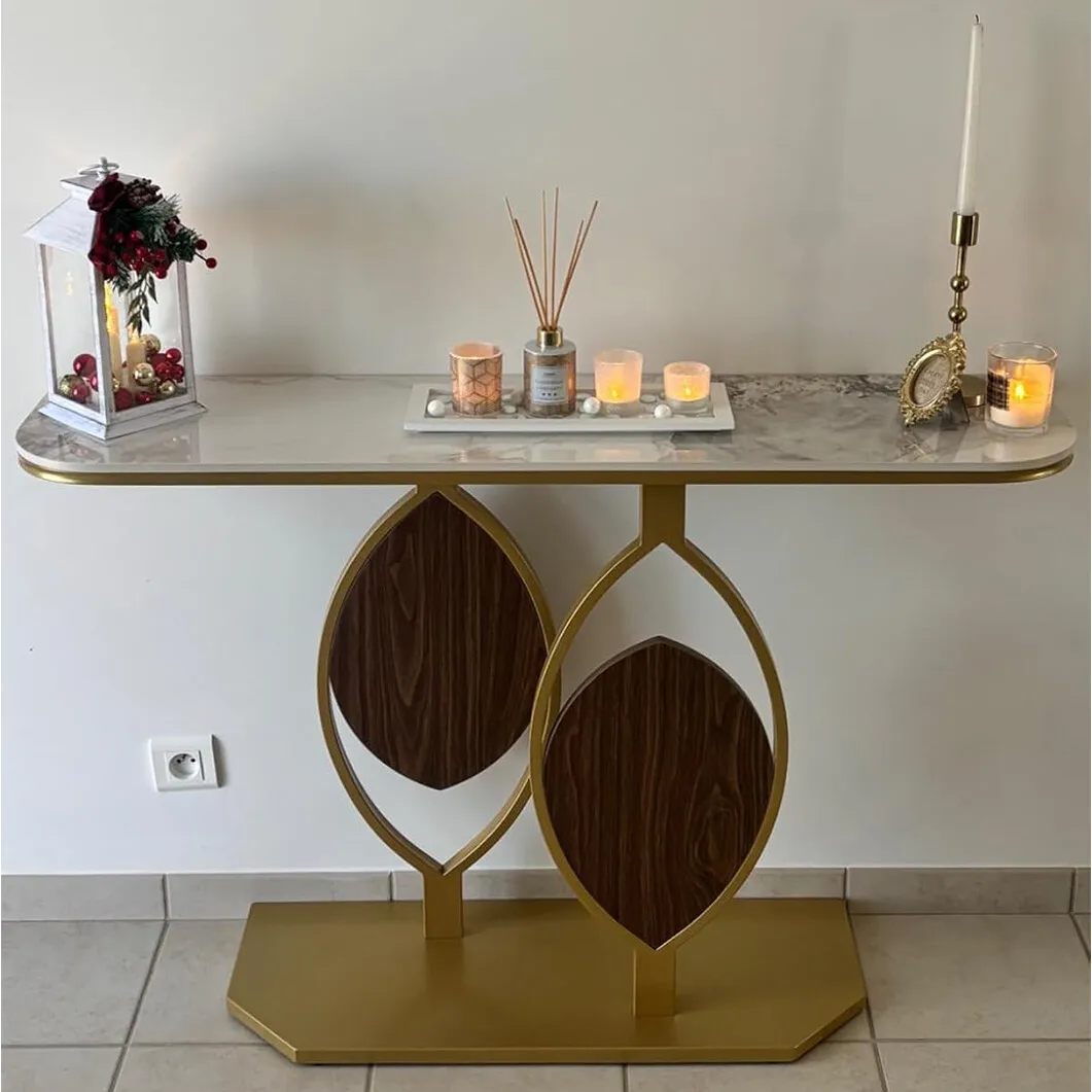 Marble Console Table for Entrance Hallway Wood Leaf Shape with Stable Gold Legs