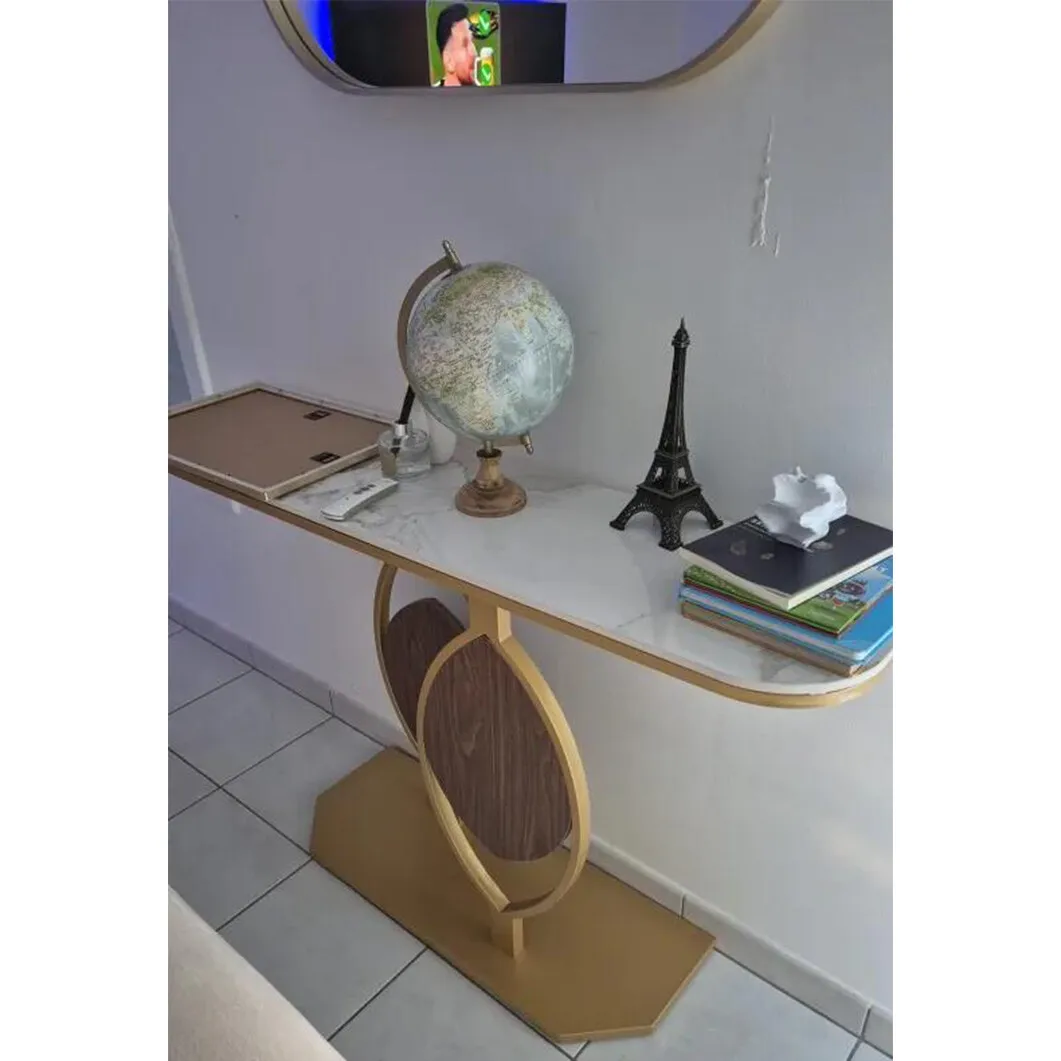 Marble Console Table for Entrance Hallway Wood Leaf Shape with Stable Gold Legs