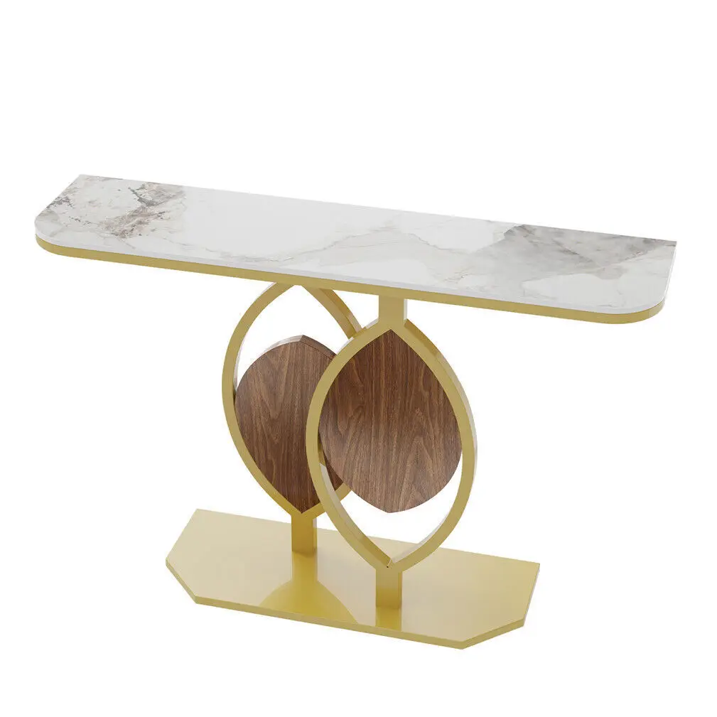 Marble Console Table for Entrance Hallway Wood Leaf Shape with Stable Gold Legs