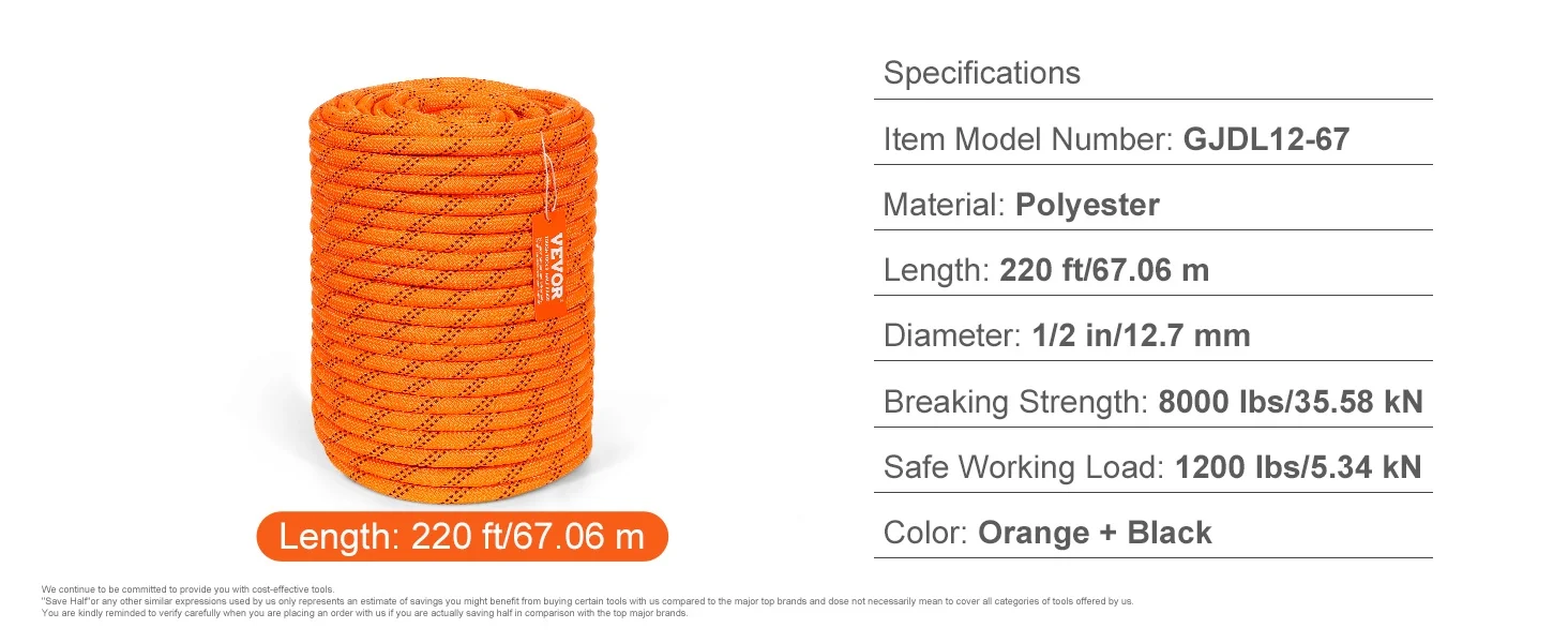 SucceBuy 220 ft Dual-Weave Polyester Rope 48-Strand Outdoor Accessories Emergency Cord for Camping Swinging Rappelling Rescue