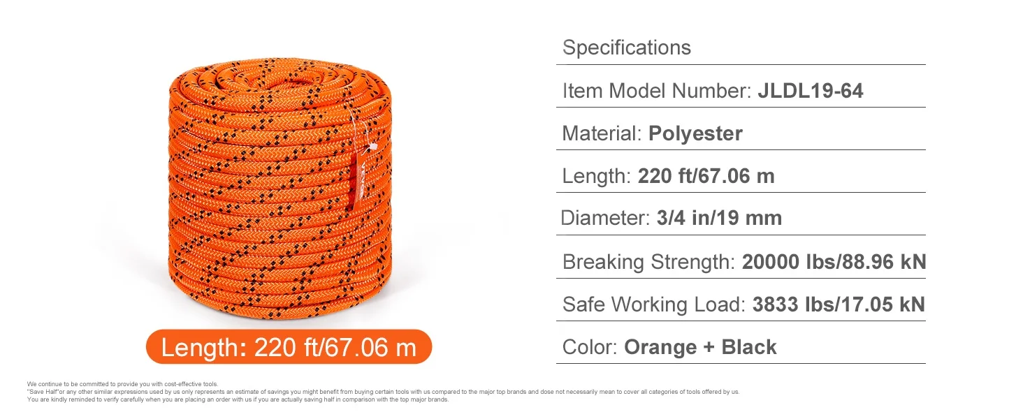 SucceBuy 220 ft Dual-Weave Polyester Rope 48-Strand Outdoor Accessories Emergency Cord for Camping Swinging Rappelling Rescue