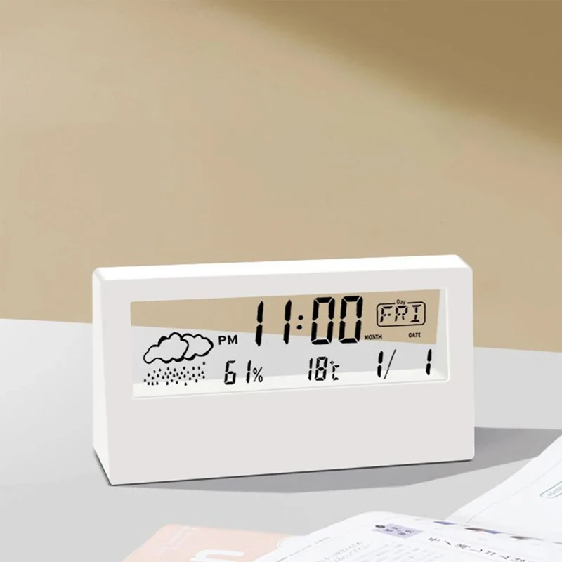 LCD Desktop Alarm Clock Transparent Calendar Weather and Digital Temperature and Humidity Display Home Appliance Smart Life