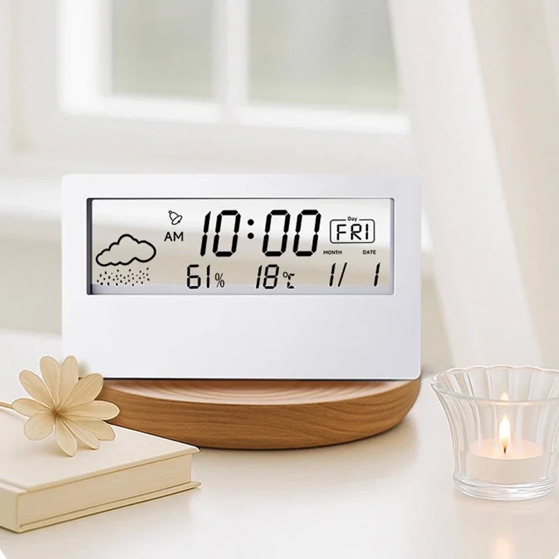 LCD Desktop Alarm Clock Transparent Calendar Weather and Digital Temperature and Humidity Display Home Appliance Smart Life