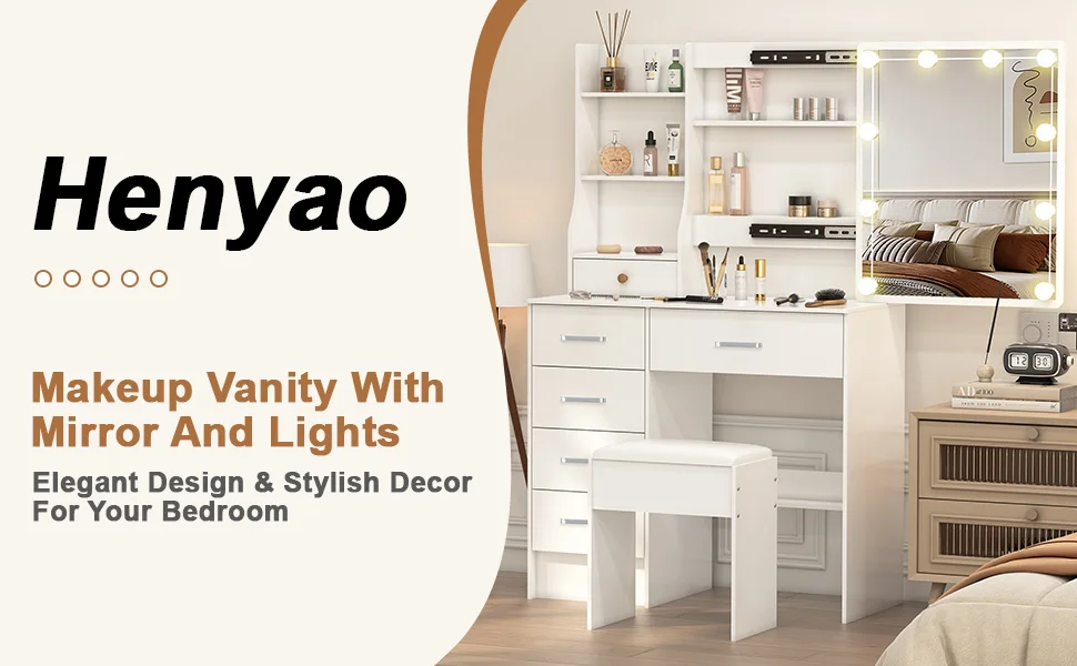 Teousev Dressing Desk Makeup Vanity NEW Dimmable 10 LED Bulbs Mirror Storage Organizer Bedroom White Makeup Dresser Table