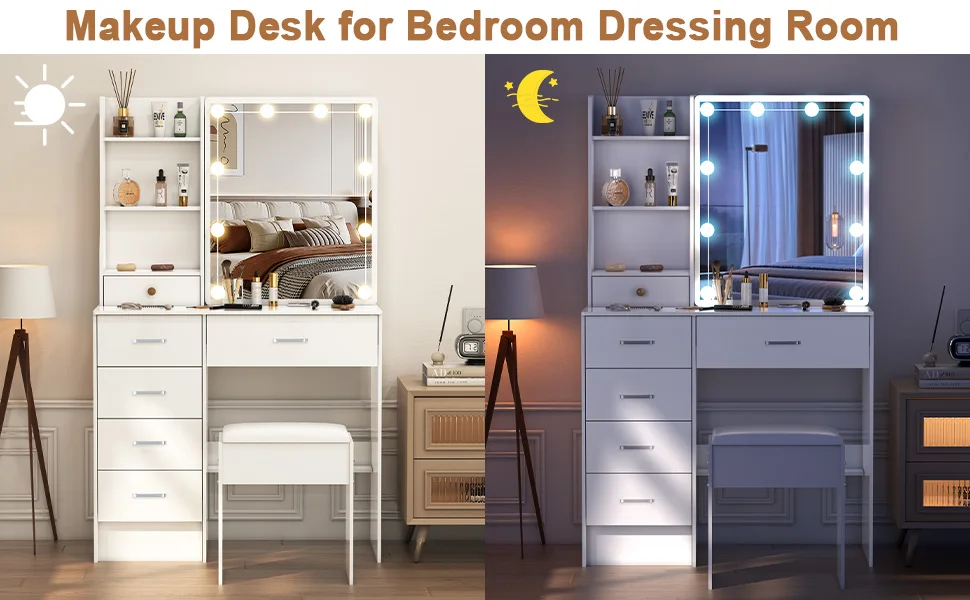 Teousev Dressing Desk Makeup Vanity NEW Dimmable 10 LED Bulbs Mirror Storage Organizer Bedroom White Makeup Dresser Table