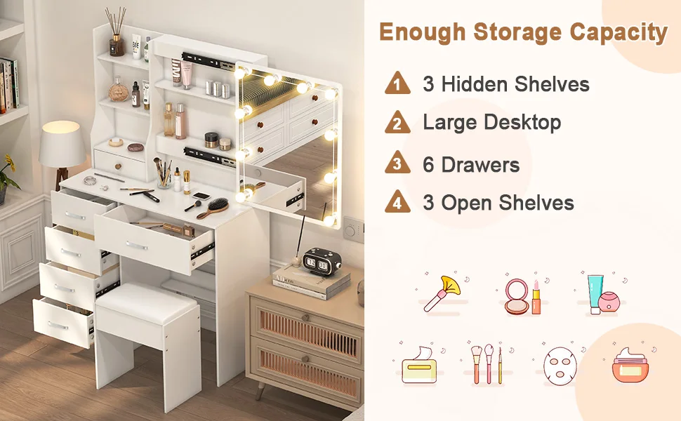 Teousev Dressing Desk Makeup Vanity NEW Dimmable 10 LED Bulbs Mirror Storage Organizer Bedroom White Makeup Dresser Table