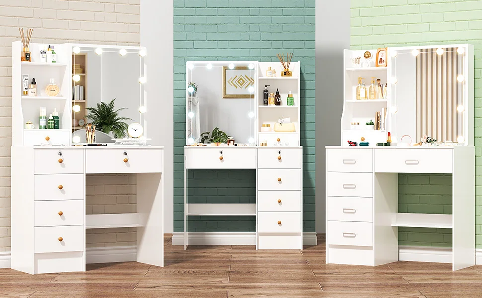 Teousev Dressing Desk Makeup Vanity NEW Dimmable 10 LED Bulbs Mirror Storage Organizer Bedroom White Makeup Dresser Table